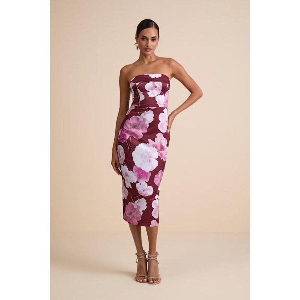 Lulus Oriana Burgundy Floral Satin Strapless Midi Dress Red - Size L